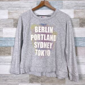 H&M Glitter Graphic Raglan Sweatshirt Gray New York Tokyo Girls US 14 Years 20